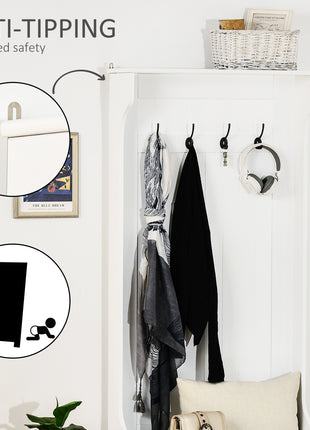 Hall Tree with Coat Rack, Storage, and Sitting Bench, White