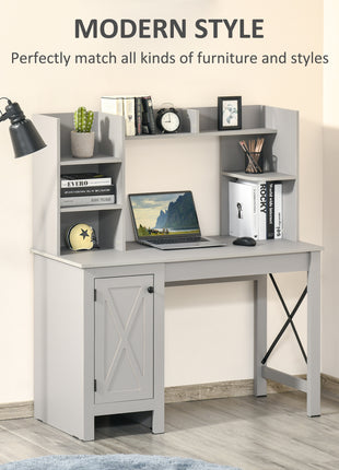 Computer Desk W/ Hutch, Home Office Desk W/ Storage Cabinet, Light Grey