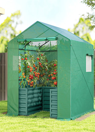 Greenhouse with Raised Garden Bed, Galvanized Steel Outdoor Greenhouse with Roll Up Door, 56" x 56" x 75", Green