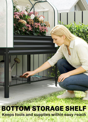 Galvanised Raised Garden Bed with Greenhouse Cover, Metal Elevated Garden Bed with Bed Liner, Bottom Shelf, Black