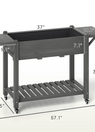 Wood Raised Planter Box, Elevated Garden Bed with Lockable Wheels, Side Tables, Bottom Shelf, Drain Holes, Gray