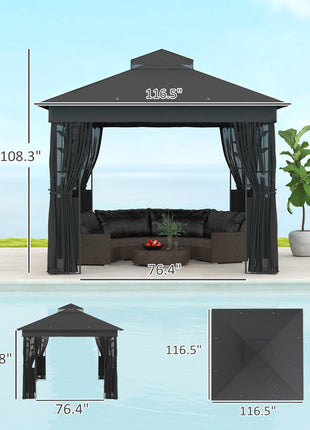 10' x 10' Outdoor Gazebo with Shelves and Netting, UV30+ Double Roof Patio Gazebo for Lawn, Backyard and Deck