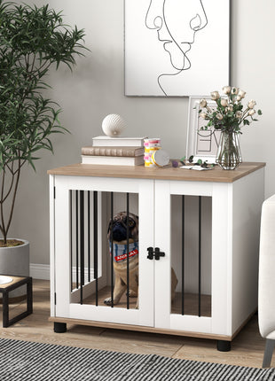 Dog Kennel Furniture Side End Table Indoor with Lockable Door, for Small and Medium Dogs, Walnut Brown