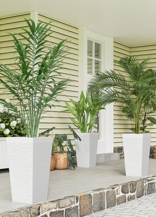 22.8 Inch Set of 3 Outdoor Planters with Stone Finish and Wheels, Stackable Tapered Planters with Drainage Hole, White