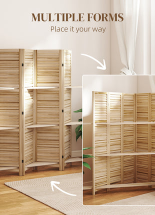 5 Panel 67" Tall Wood Privacy Screen Room Divider with 3 Shelves and Folding Storage for Bedroom, Natural Wood