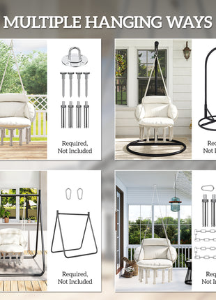 Hammock Swing Chair, Macrame Hanging Chair with Large Cushion, Chain, Steel Frame for Indoor Outdoor Use, Cream White