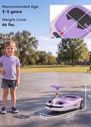 12V Electric Wiggle Car with Convertible Steering Wheel Pull Handle, 2 Speed, Music, Lights for 3-5 Years, Purple