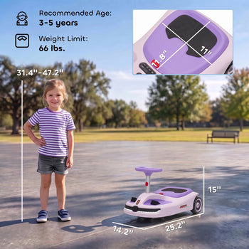 12V Electric Wiggle Car with Convertible Steering Wheel Pull Handle, 2 Speed, Music, Lights for 3-5 Years, Purple