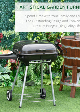 22" Charcoal Barbecue Grill with Portable Wheel, Side Tray and Lower Shelf for Outdoor BBQ for Garden, Backyard, Poolside
