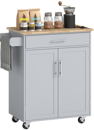 Kitchen Island Cart, Rolling Island Table with Solid Wood Top, Trolley Cart with Drawer, Storage Cabinet & Towel Rack, Gray