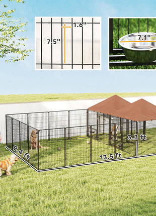 Large Outdoor Dog Kennel with 2 Rooms, Rotating & Adjustable Height Bowls, 13.5' x 9.4' x 5.1'