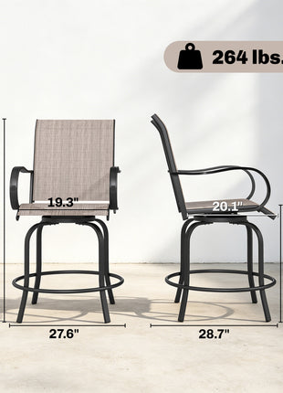 Outdoor Bar Stools Set of 2, 360° Swivel Bar Height Chairs, 26.75" x 29.5" x 48.5", Tan
