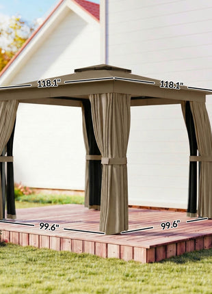 10' x 10' Outdoor Patio Gazebo, Soft Top Gazebo Canopy Shelter with Curtains, Netting, Steel Frame, Hook, Khaki