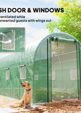 Hoop House Greenhouse, Walk-in Tunnel Greenhouse with 2 Support Rods, Zippered Roll-up Mesh Door, 14.6'x6.5'x6.6', Green