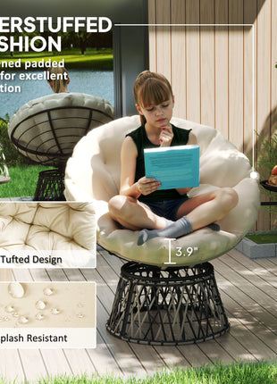 360° Swivel Outdoor Papasan Chair, 39" Overstuffed Circle Chair with Side Tray, Thick Cushion for Indoor Patio, Beige