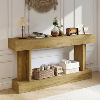 63 Inch Long Console Table, Vintage Narrow Entryway Table with Storage Shelf for Living Room and Hallway, Oak