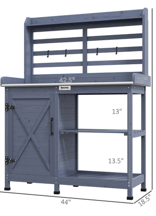 Wooden Potting Bench with Storage, Aluminum Tabletop for Backyard, Patio, Balcony, Gray