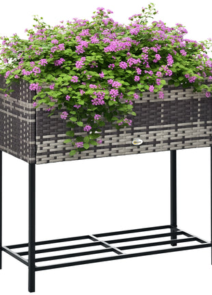 Raised Garden Bed, Elevated Planter Box with Rattan Wicker Look, Tool Storage Shelf, Portable Design for Herbs, Vegetables, Flowers, Gray