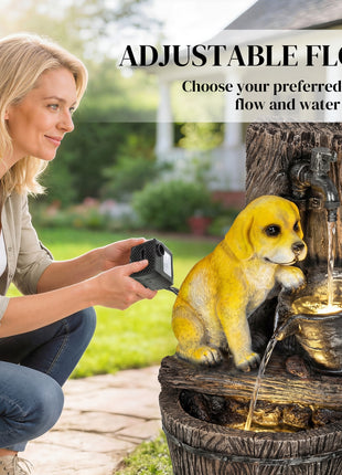 22" Outdoor Fountain with 3-Tier Puppy Theme, Resin Garden Fountain with LED Lights, Adjustable Flow, Rustic Brown