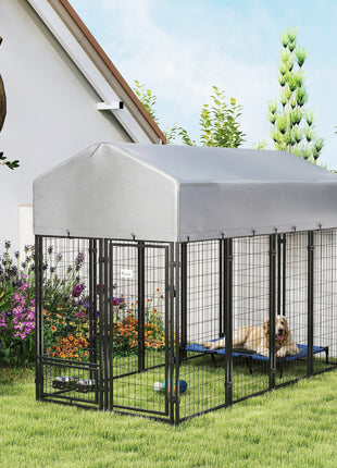 8' x 4' x 6' Outdoor Dog Kennel, Dog Kennel Outside Run with 360° Rotating Bowls, Waterproof & UV Resistant Cover