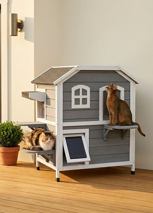  2-story Cat House Outdoor, Weatherproof Wooden Cat Enclosure for Feral Cats with Escape Door, Openable Roof, Jumping Platforms, Gray