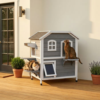  2-story Cat House Outdoor, Weatherproof Wooden Cat Enclosure for Feral Cats with Escape Door, Openable Roof, Jumping Platforms, Gray