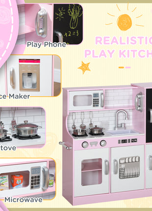 Pretend Play Kitchen, Kids Kitchen Playset with Play Phone, Chalkboard, Towel Rack & Ice Maker for 3-8 Years Pink