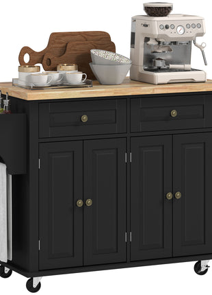 44" Mobile Kitchen Island Table, Kitchen Island Cart on Wheels with Storage Cabinets, 2 Drawers, Black