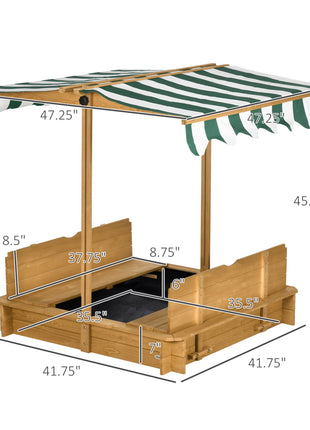 Wooden Kids Sandbox with Cover, Children Outdoor Sand Box with Foldable Bench Seats and Adjustable Canopy
