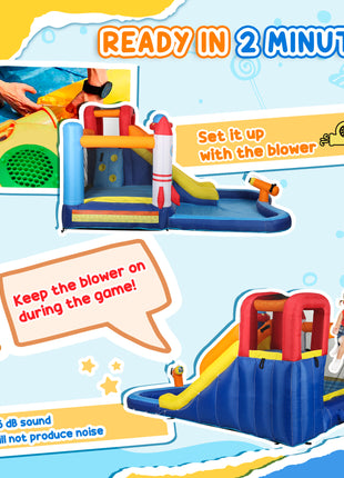 5 in 1 Inflatable Bounce House, Water Slide with 550W Blower, Splash Pool, Trampoline, Climbing Wall, Cannon