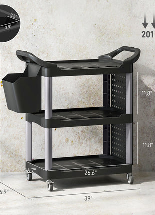 3-Tier Rolling Tool Cart, 200 LBS Capacity Plastic Utility Cart with Side Shelf and Bucket, Black and Light Gray