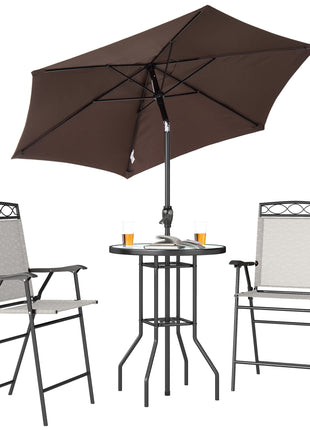 4 Piece Outdoor Bar Set with Umbrella, Patio Dining Set with 2 Folding Chairs, Wave Textured Tempered Glass Table for Backyard, Garden, Deck, Poolside, Beige