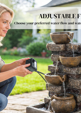 28" Outdoor Fountain with 5-Tier Rustic Jugs, Cascading Waterfall with LED Lights, Adjustable Flow, Rustic Brown