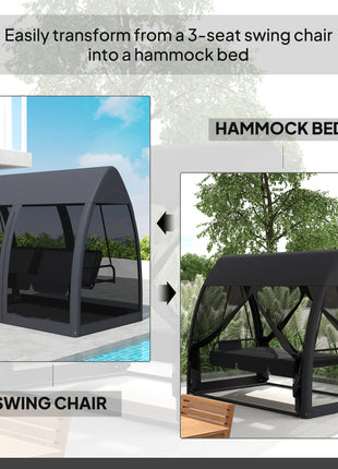 3 Seat Outdoor Swing Chair Convertible Covered Day Bed with Canopy, Mesh Netting, Steel Stand for Garden, Patio, Gray