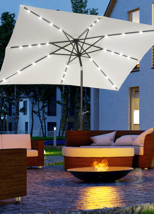 9' x 7' Patio Umbrella Outdoor Table Market Umbrella with Crank, Solar LED Lights, 45° Tilt, Push-Button Operation, for Deck, Backyard, Pool and Lawn, White