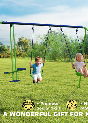 Metal Swing Set with Glider, Two Swing Seats and Adjustable Height, Outdoor Heavy Duty A-Frame Suitable for Playground, Backyard, Green