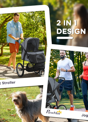 3 Wheels Pet Stroller for Small Dogs and Medium Dogs with Adjustable Canopy, Safety Tether, Storage Basket, Gray