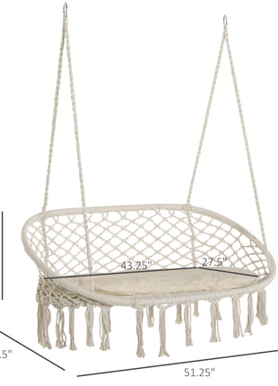 2-Person Hammock Chair Macrame Swing with Soft Cushion, Hanging Cotton Rope Chair for Indoor Outdoor Home Patio Backyard, White