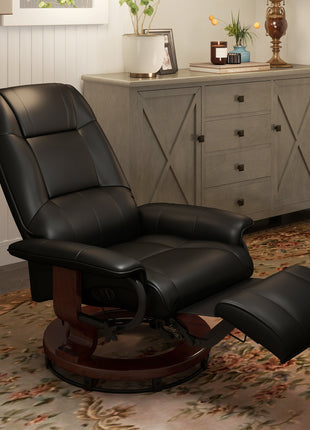 Faux  Leather lounge chair with footrest and armrest, Manual Swivel Recliner for living room, Black