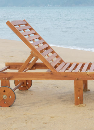 Outdoor Folding Chaise Lounge Chair Recliner with Wheels, Acacia Wood Frame - Teak Color