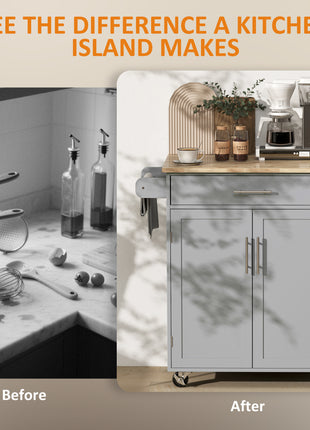 Kitchen Island Cart, Rolling Island Table with Solid Wood Top, Trolley Cart with Drawer, Storage Cabinet & Towel Rack, Gray