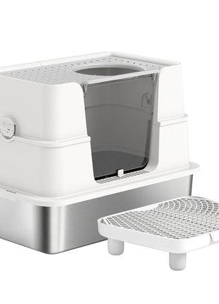 XL Stainless Steel Litter Box w/ 100° Flip Top, Scoop, Step, Top & Side Entry Enclosed Litter Box for Big Cats