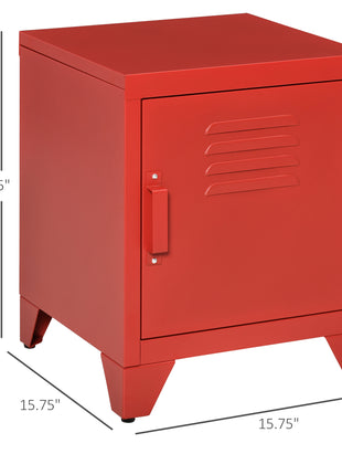 Industrial End Table, Living Room Side Table with Locker-Style Door and Adjustable Shelf, Red