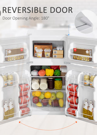 3.2 Cu.Ft Mini Fridge with Freezer, Compact Refrigerator with Adjustable Thermostat, Shelf and Double Reversible Door for Bedroom, Dorm, Home Office, Energy Efficient, White