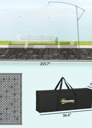 Reversible Outdoor Rug, Waterproof Plastic Straw with Carry Bag, 9' x 18', Black & Gray Rhombus