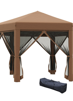 13' x 11' Hexagonal Pop Up Gazebo, Heavy Duty Outdoor Canopy Tent with 6 Mesh Sidewall Netting, 3-Level Adjustable Height and Strong Steel Frame, Brown