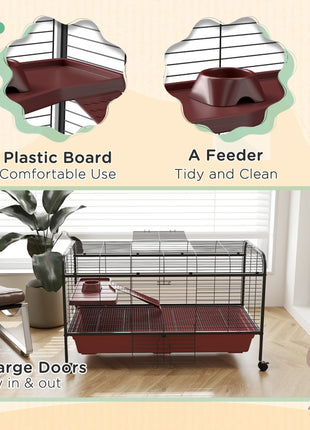 48" L Small Animal Cage, Pet Play House for Rabbit Hutch or Ferret with Feeder, Rolling Wheels, Platform, Ramp