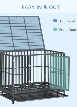 43" Heavy Duty Dog Crate Metal Cage Kennel with Lockable Wheels, Double Door and Removable Tray, Gray