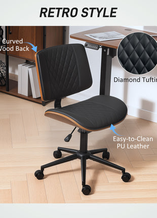 Home Office Chair No Arms with Wheels, PU Leather Desk Chair with Adjustable Height, 360 Swivel for Reading, Black
