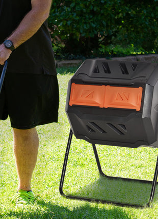Tumbling Compost Bin Outdoor 360° Dual Chamber Rotating Composter 43 Gallon, Orange